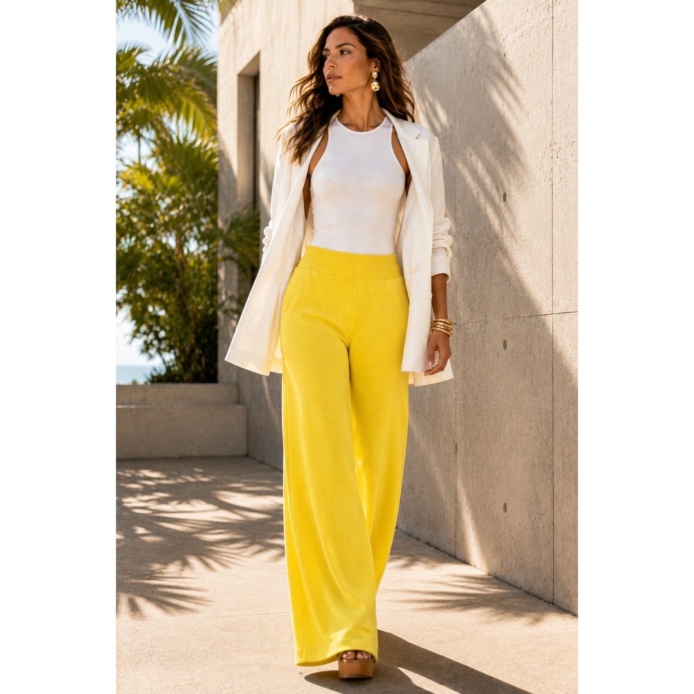 RIVIR Yellow High Rise Wide Leg Knit Pants Pull On Stretchy Size Small